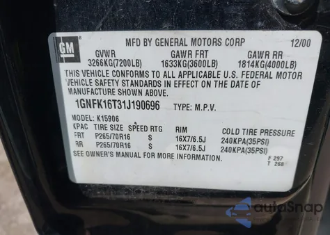 2001 Chevrolet Suburban 1500 Lt from USA, damaged, VIN 1GNFK16T31J190696